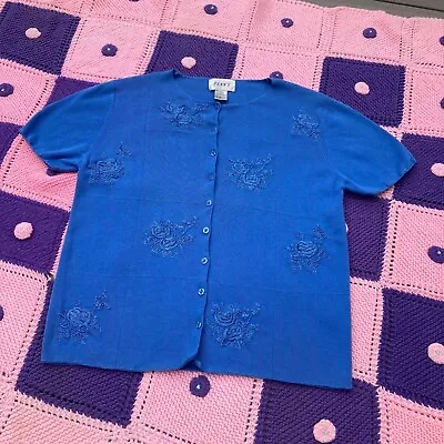 Vintage Grandma Cardigan Floral Knit Sweater Short Sleeve Top M Blue Beaded Flow • $0.99