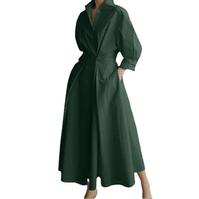 $49.51 • Buy Women Cotton Dress Midi Long Sleeve Shirt Blouse V-neck Casual Swing Black