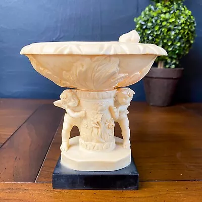 Vtg Santini Italy Marble-look Bird Bath W/ Removable Bird + CHERUBS Trinket Dish • $68