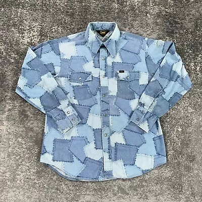 VTG Lee Western Shirt Mens Large Blue Patchwork Print Pearl Snap 80s Made In USA • $29.98