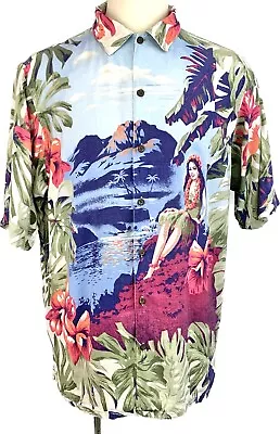 Hula Girl Hawaiian Shirt Linen Blend Aloha Surf Vintage Nautica Mens Size L • $60.61