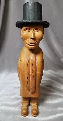 VINTAGE HAND CARVED WOOD FOLK ART Mustached Man In Top Hat With Scarf • $24