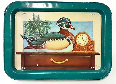 Vintage Mid Century Modern Folding TV Tray Wood Duck Green Trim Metal • $14.36