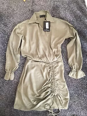 BNWT PRETTYLITTLETHING Khaki Linen Long Sleeve Plunge Rouched Shirt Dress Size 8 • £4.50