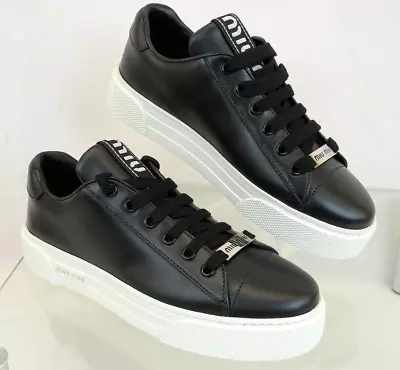 Miu Miu Prada 5e165d Black Leather Metal Logo Lace Up Platform Sneakers 36.5 • $345