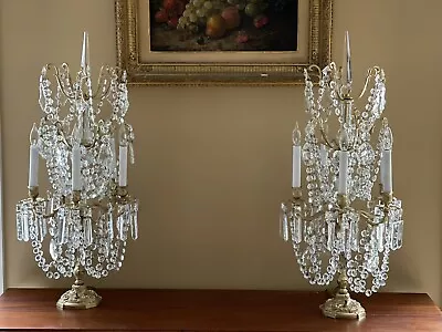 $2812.50 • Buy Antique Exquisite Pair French Crystal Candelabra Lamp Girandoles 31” Tall