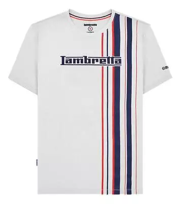 Lambretta Mens White Classic Racing Stripe Mod Ska Casual T-Shirts • £14.99
