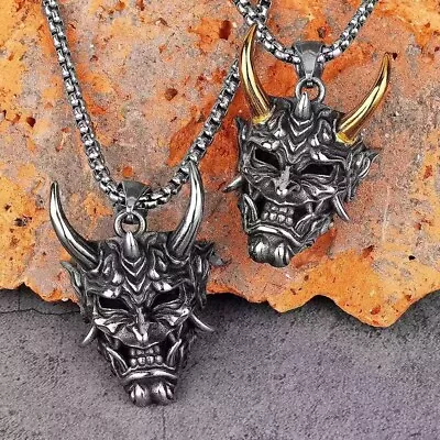 Mens Japanese Horned Devil Hannya Oni Noh Pendant Punk Rock Necklace Chain 24  • $11.99