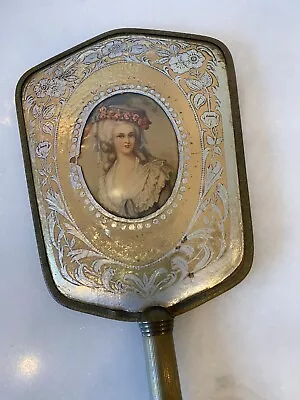 Antique Vintage French Victorian Style Brass Silver Celluloid Vanity Hand Mirror • $49.99