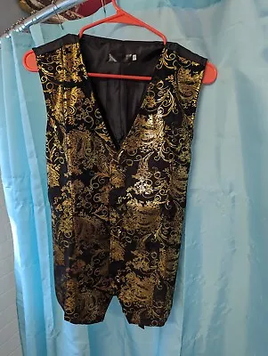 Unbranded Slim Fit Metallic Gold And Black Paisley Velvet Vest Small Goth Party • $11.21