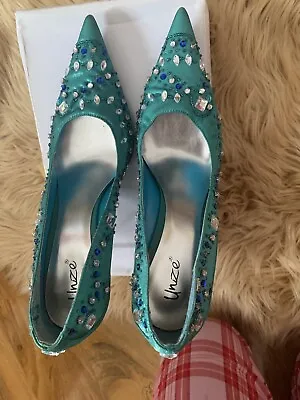 £14.50 • Buy Unze Turquoise Closed Toe High Heeled Shoes With Beaded And Diamanté Work