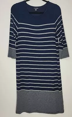 Hilary Radley Sweater Dress Size Medium Blue Gray Stripe Knee Length Knit • £13.53