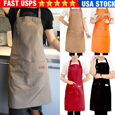 Mens Women Cooking Aprons Kitchen Restaurant Chef Bib Apron Dress With 2 Pockets • $11.28