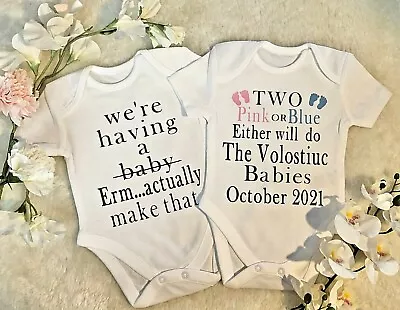Pregnancy Announcement BABY VEST TWINS Baby Grow Due 2021 Baby Shower Gift Cute • £13.95