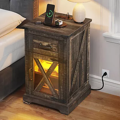 Farmhouse Nightstand W/ Charging Station LED Lights Barn Door Side Table Bedroom • $78.99