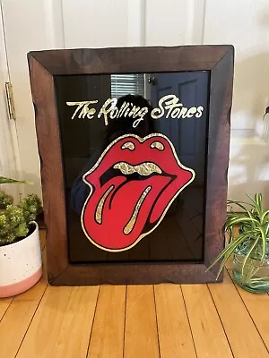 Vintage 80's Rolling Stones Tongue Logo Carnival Mirror Wood Framed Bar Sign • $75