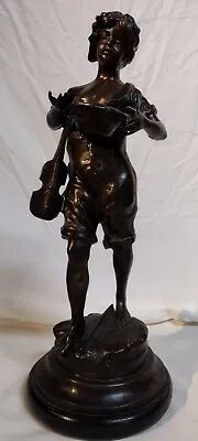Antique Bronze L & F Moreau Beggar Boy With Violin Statue Is Spelter Metal 15  • $229