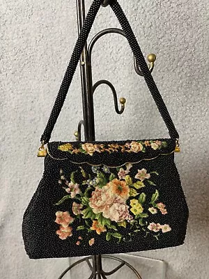 VTG Black Beaded Petit Point Purse Womens Evening Bag Scalloped Closure • $85.87