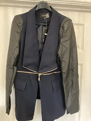 £4 • Buy Navy Jacket With Faux Black Leather Arms And Gold Zip Size 40(12uk)