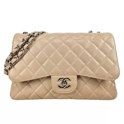 Chanel Caviar Leather Quilted Jumbo Single Flap Beige • $4350