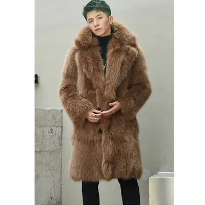 Lamb Wool Men's Imitation Fox Fur Windbreaker Fur Coat Mid-length Jacket Loose • $116.42