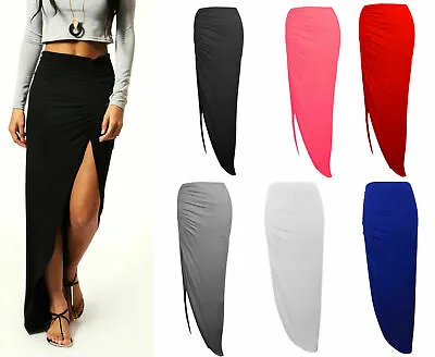 £6.99 • Buy New Womens Ladies Ruched Side Split Slit Maxi Skirt Dress Size 8-14