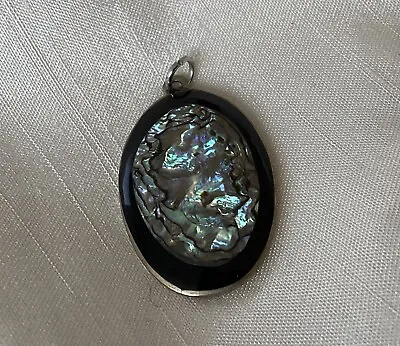 Vintage Pendant Abalone And Enamel Oval Marked Alpaca Mexico • £5