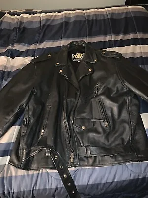 $85 • Buy Leather Brand Biker Punk Jacket Size Large 60 Vintage HD Patch On Back