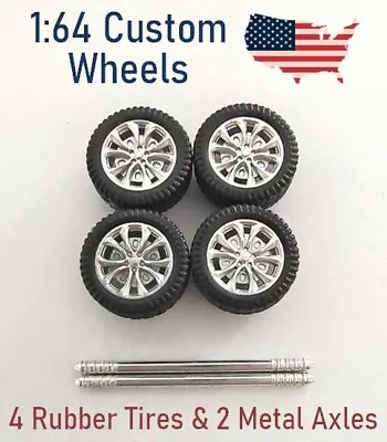 Tires For 1:64 Diecast Model Customs - Rubber Wheel Set: Silver Rims W/ Axels #C • $5.95