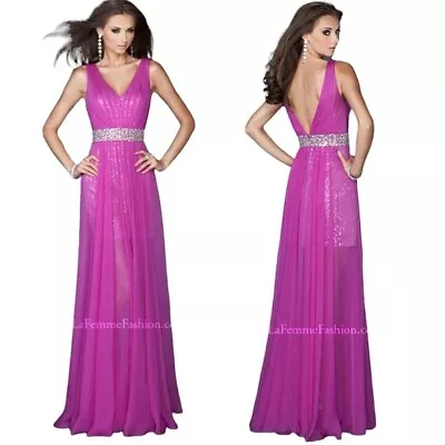 NWT LA FEMME 18865 Chiffon Sequin Dress With Beaded Waist Prom Formal Gown 14  • $98.95