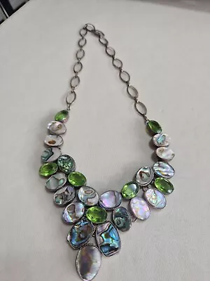 Silver  Abalone And Green Stone Necklace. • £5