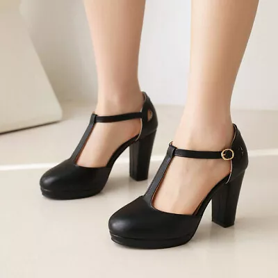Mary Jane Womens Block Heel Round Toe T-Strap Shoes Office Work Pump Sandals • $42.27