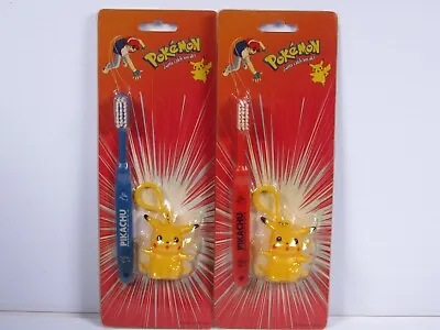 Vintage 90s Pokemon Pikachu Toothbrush Blue & Red 2 Pcs Set Nintendo • $11.99