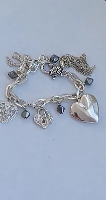 Heart Charm Bracelet Valentine Locket Tassel Bow Key Silver Tone Rhinestone 7.5  • $15.87