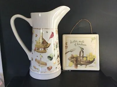 Marjolein Bastin Ceramic Gardening Wall Plaque & Pitcher ~Garden~Birds~BirdHouse • $29.95