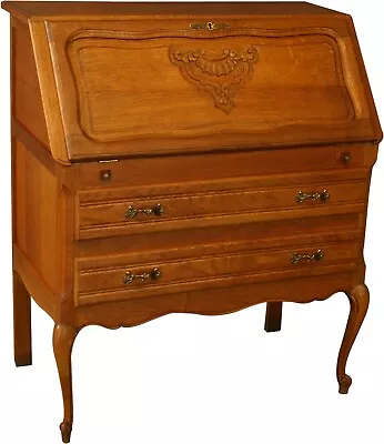 Vintage French Country Carved Oak Secretary Golden Oak Finish • $969