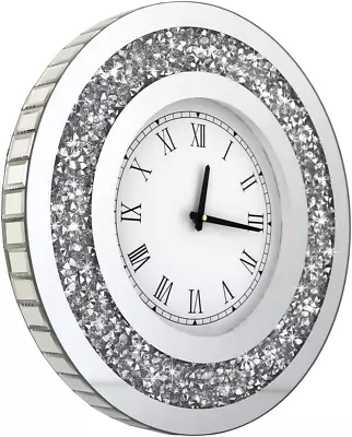 Silver Round Mirror Clock Crystal Sparkle Twinkle Bling Crush Diamond Mirrored L • $140.99