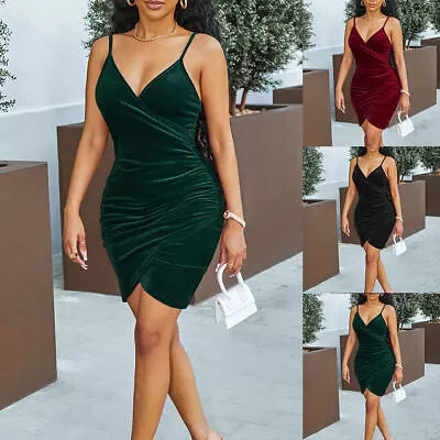 Womens Sexy V Neck Velvet Bodycon Strappy Cocktail Evening Party Mini Dress US • $13.59