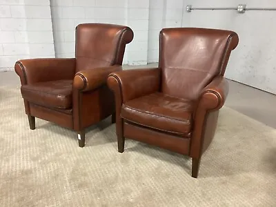Pair Of Antique Sheep Leather Club Chairs • $2950