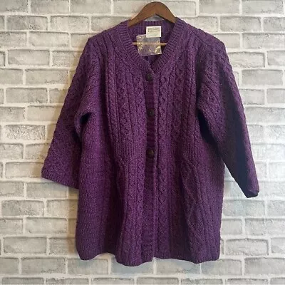 Kilronan Knitwear Purple NWOT Fisherman Knit Merino Wool Cardigan Sweater XL • $40