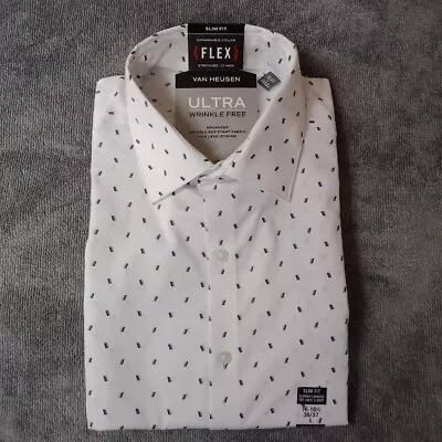 Van Heusen Mens Dress Shirt 16-16.5 36/37 Ultra Flex Slim Fit White Geometric • $15.99