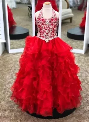 NEW* Little Rosie Girls Glitz Long National Pageant Dress LR2039 Red 14 $600 • $337.50