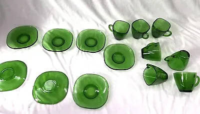 Vtg Set Of 7 Vereco France Emerald Green Glass Square Demitasse Cup & Saucer Mcm • $74.95