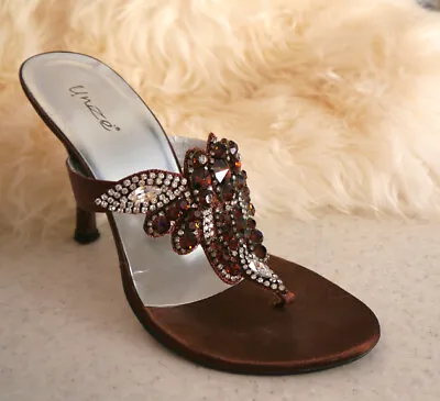 £8.99 • Buy Gorgeous Unze Brown Jewelled Slip Ons High Heel Shoes-bargain Price