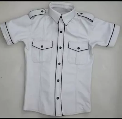 Men's Real Lamb Leather Police Uniform Shirt Sexy Short Sleeves White Shirt • $100