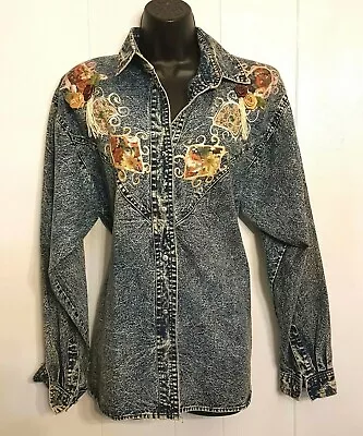 VTG Acid Washed Blue Denim Chambray Shirt Size Medium Embellished Blouse • £33.97