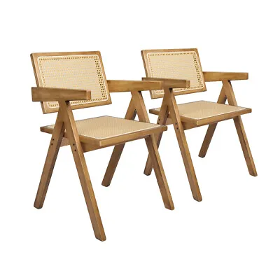 Levede 2x Dining Chair Solid Wood Rattan Armchair Wicker Accent Lounge Chairs • $199.99