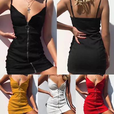 $4.14 • Buy Women Casual Zipper Bodycon Mini Cami Dress V Neck Party Skirt Summer Sundress