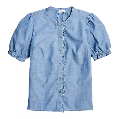 J Crew Womens Top Size XL Chambray Button Up Pleated Puff Short Sleeve Shirt New • $26.24