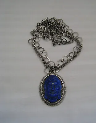 Uncommon Vintage Mid-20th C. “vogue” Faux Lapis Figural Buddha Pendant Necklace  • $20